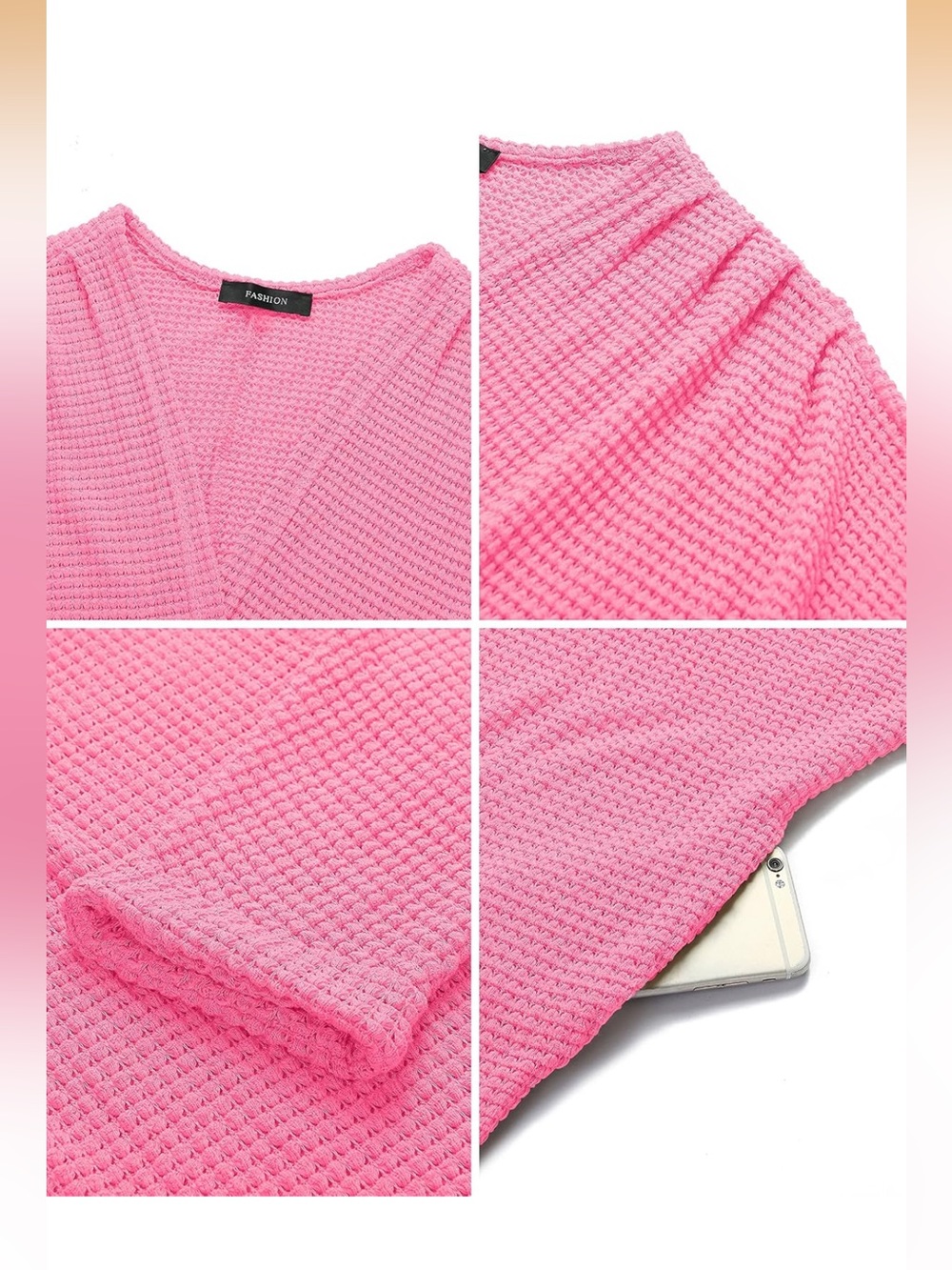 Hot Pink Waffle-Knit Open Cardigan Sweater Sz M - Picture 6 of 6